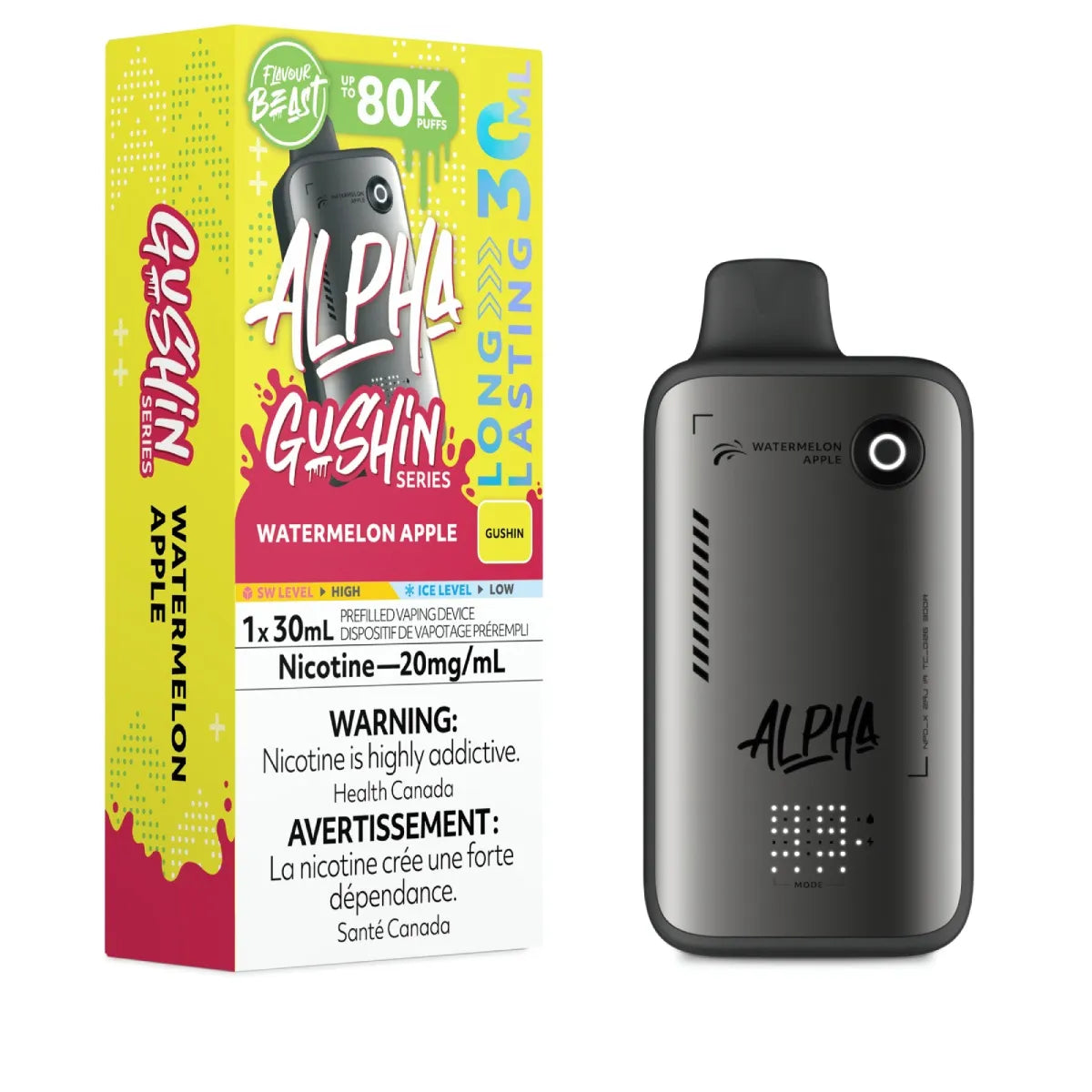 Alpha Gushin vape device and packaging on a white background