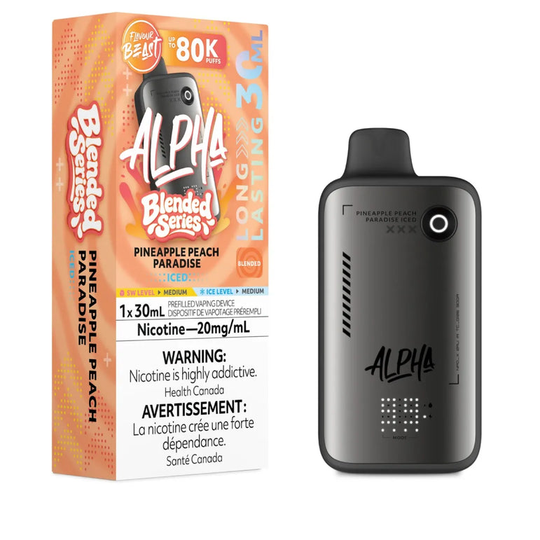 Alpha vape device and packaging on a white background