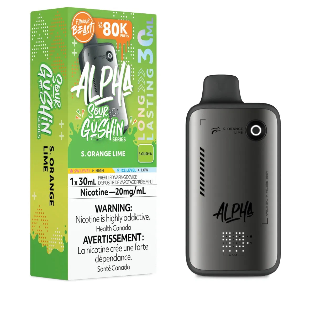 Alpha vape device with green packaging on a white background