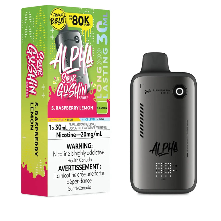 Alpha vape device and packaging on a white background