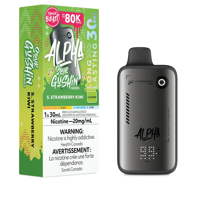 Alpha vape device with packaging on a white background