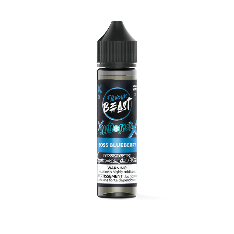 Flavour Beast Boss Blueberry vape juice bottle on a white background