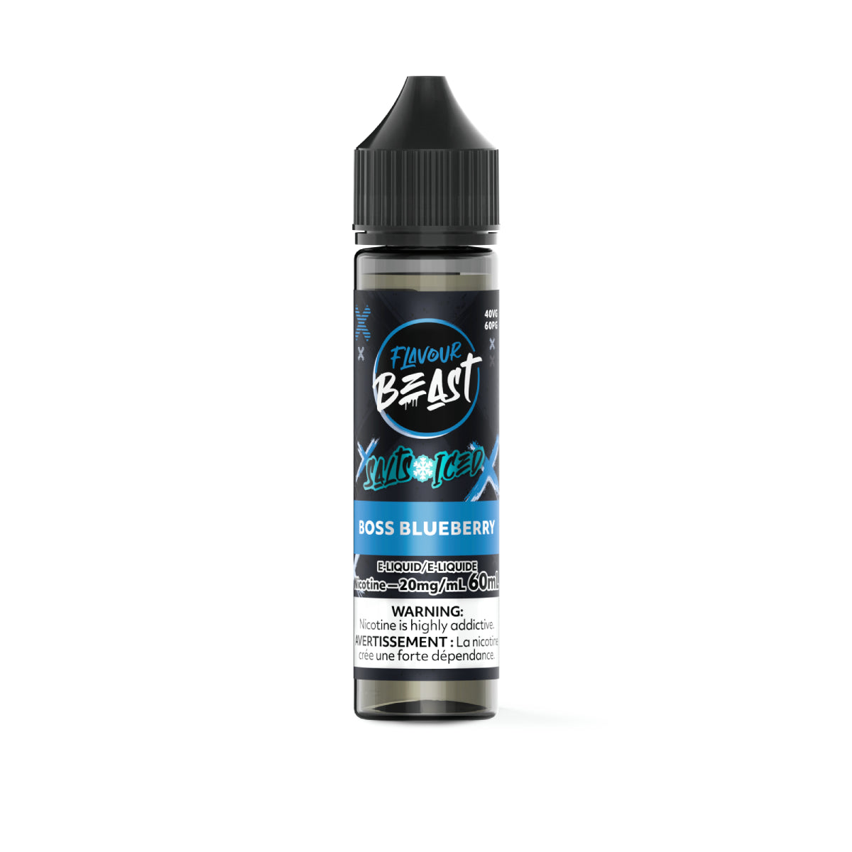 Flavour Beast Boss Blueberry vape juice bottle on a white background