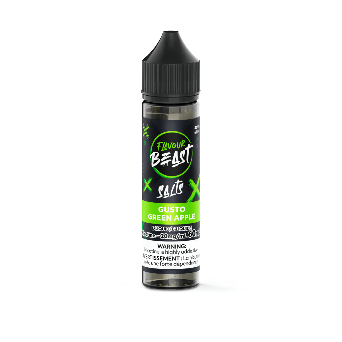 Flavour Beast e-liquid bottle with green and black design on a white background