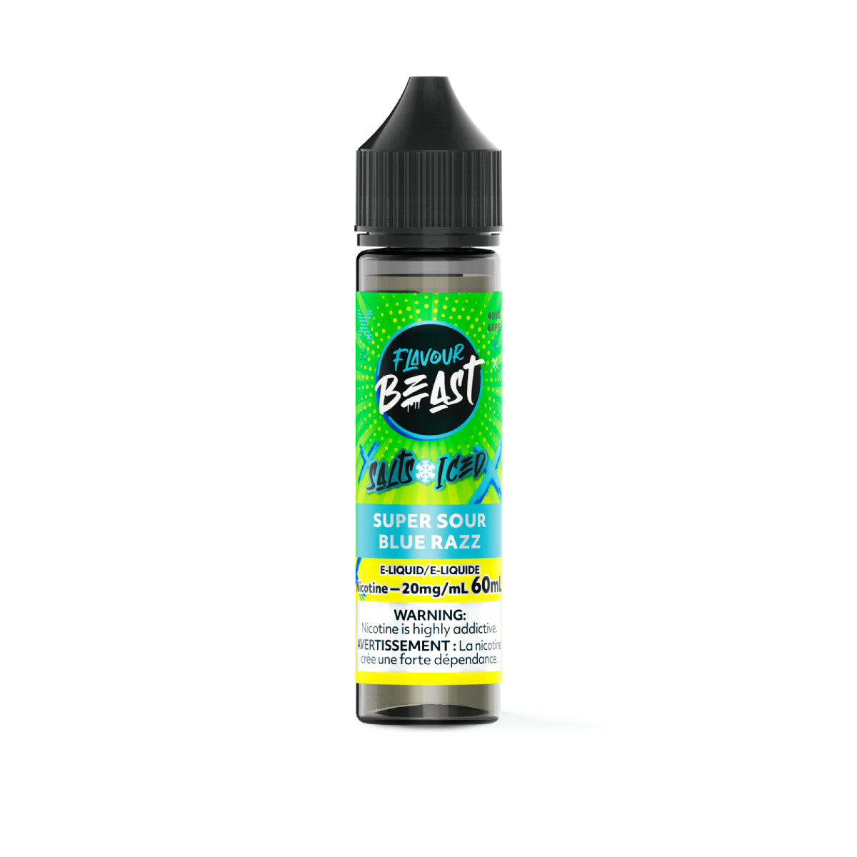 Flavour Beast Super Sour Blue Razz vape juice bottle on a white background