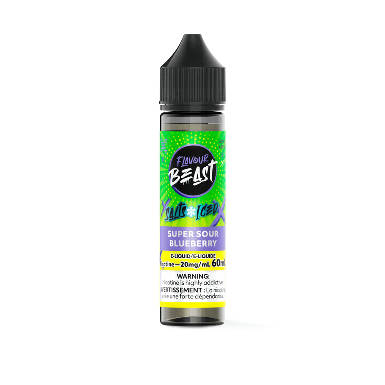 Flavour Beast Super Sour Blueberry vape juice bottle on a white background