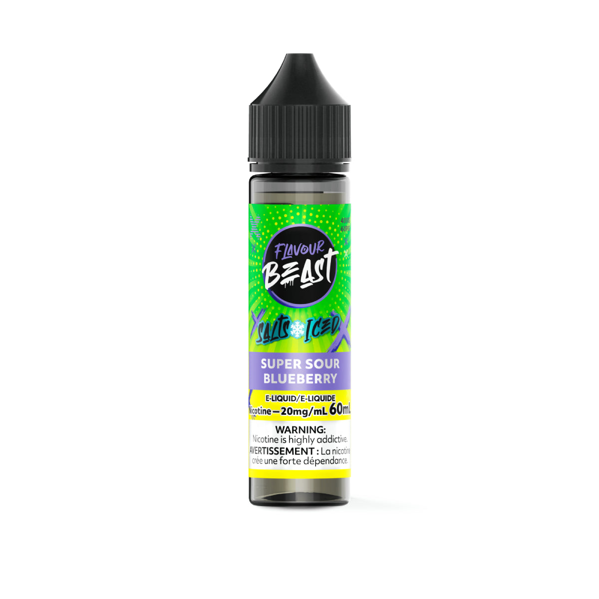 Flavour Beast Super Sour Blueberry vape juice bottle on a white background