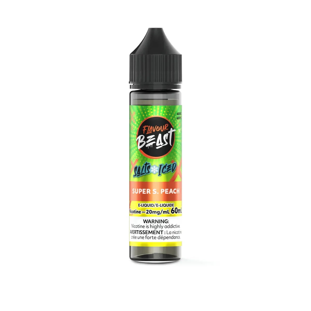 A bottle of Flavour Beast Slits Iced Super S. Peach e-liquid, 60ml, featuring a black cap and a green, orange, and yellow label, set against a plain white background.