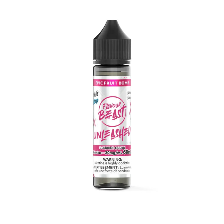 A bottle of Flavour Beast Unleashed E-liquid on a plain white background. The bottle is clear, showing the dark liquid inside, and has a black childproof cap.
