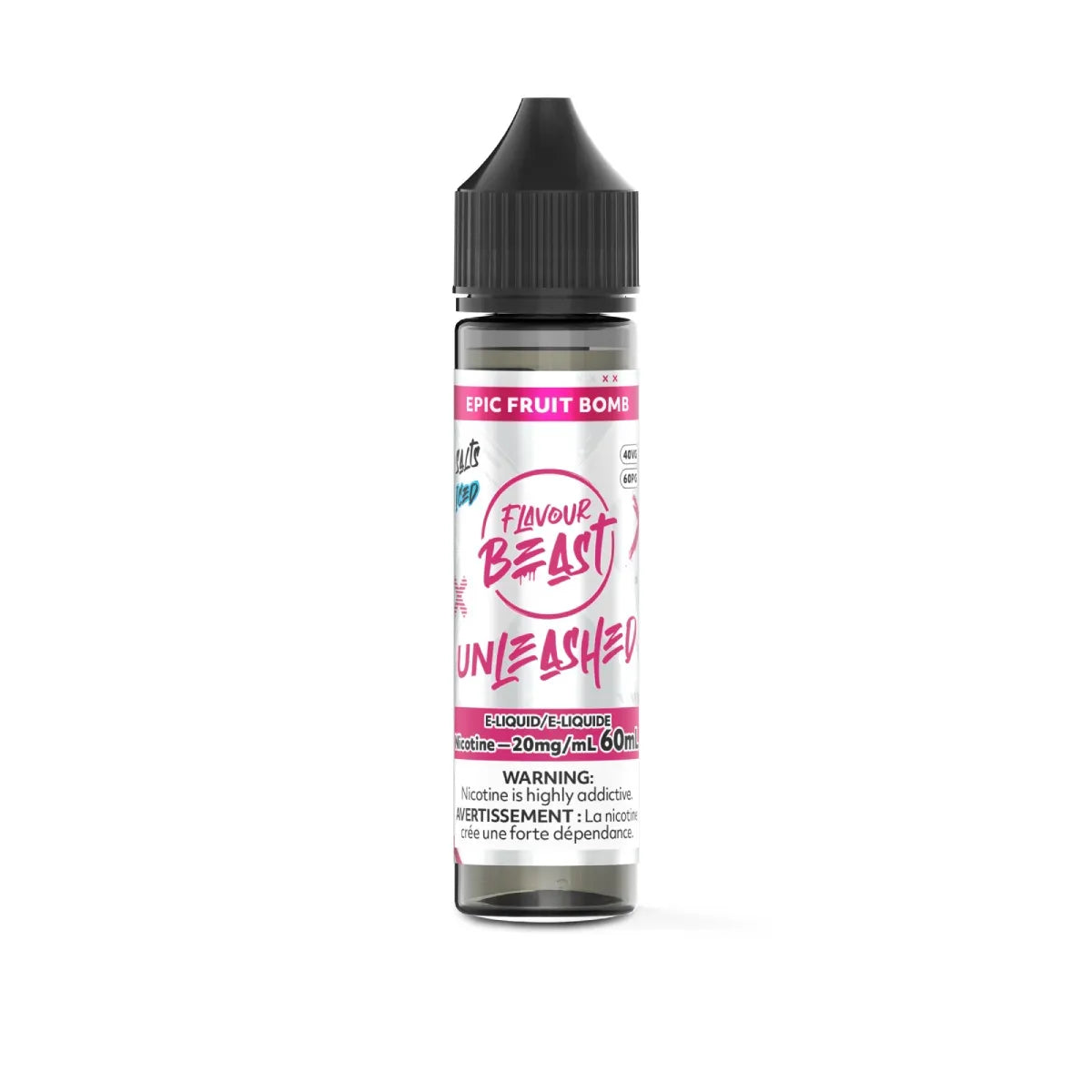 A bottle of Flavour Beast Unleashed E-liquid on a plain white background. The bottle is clear, showing the dark liquid inside, and has a black childproof cap.