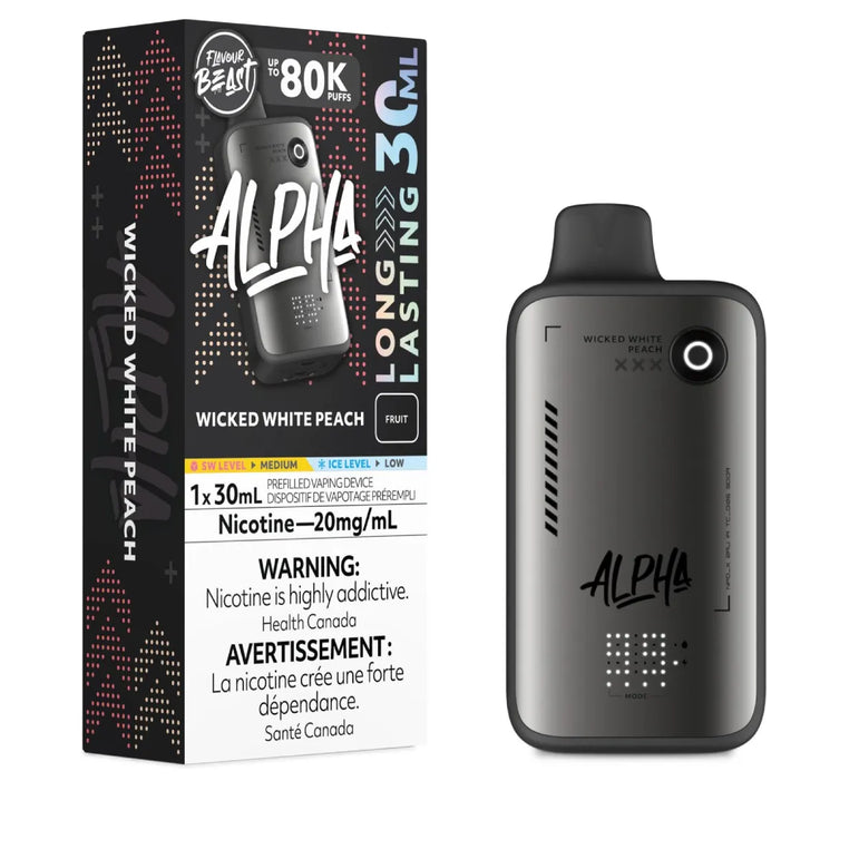 Flavour Beast ALPHA disposable  vape in flavor Wicked White Peach on a white background.