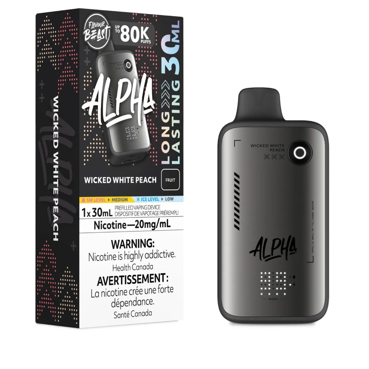 Flavour Beast ALPHA disposable  vape in flavor Wicked White Peach on a white background.