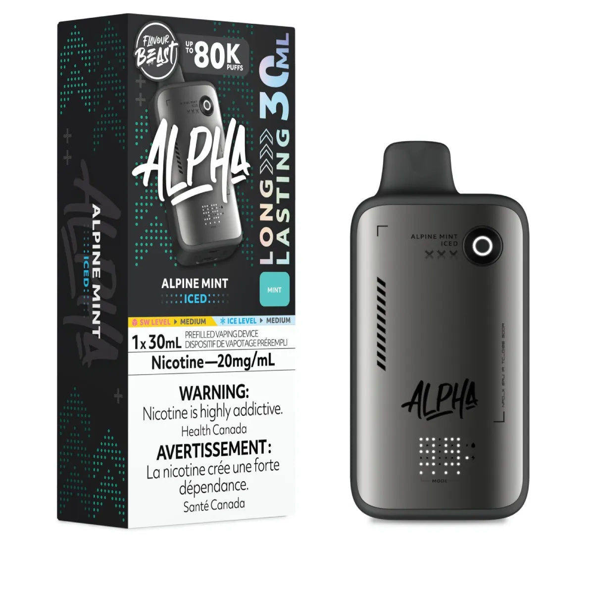 Alpha Alpine Mint vape device with packaging on a white background