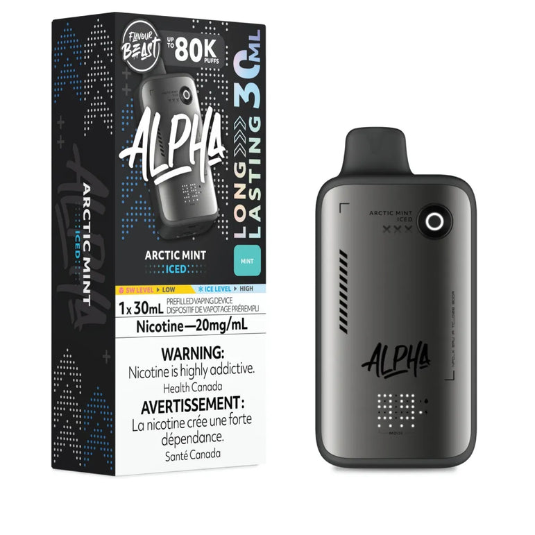Alpha Arctic Mint vape device with packaging on a white background