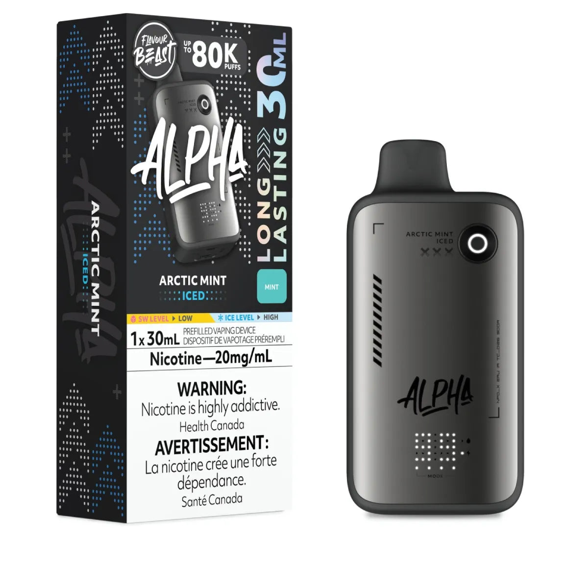 Alpha Arctic Mint vape device with packaging on a white background
