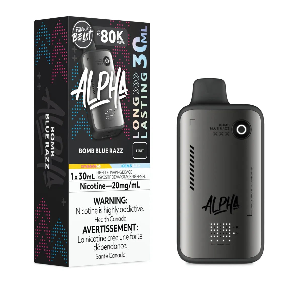 Flavour Beast ALPHA disposable  vape in flavor Bomb Blue Razz on a white background.