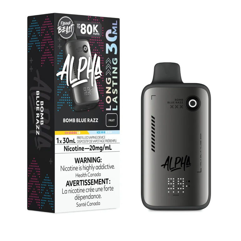 Flavour Beast ALPHA disposable  vape in flavor Bomb Blue Razz on a white background.
