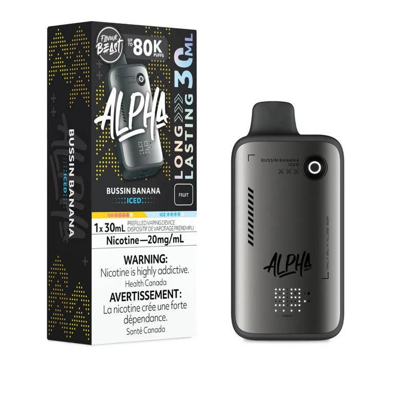 Flavour Beast ALPHA disposable  vape in flavor Bussin Banana on a white background.