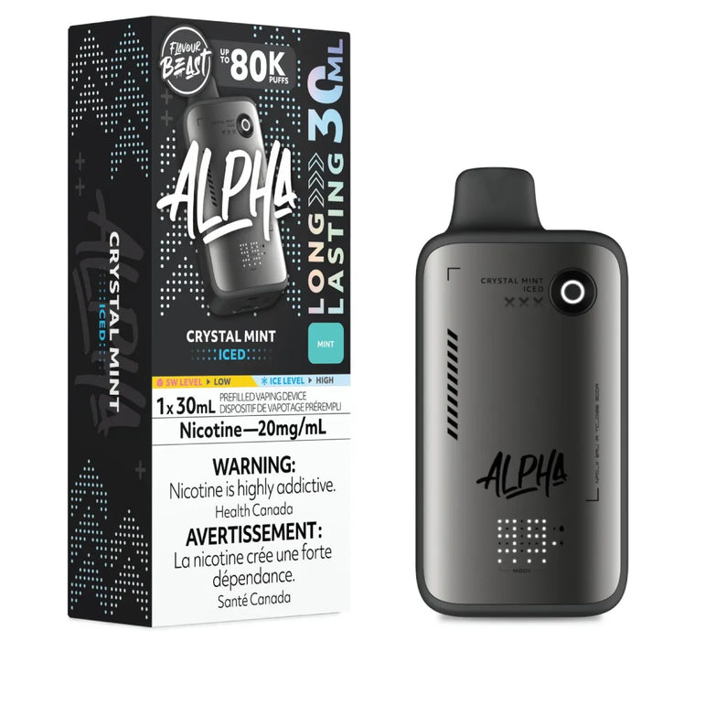 Alpha Crystal Mint vape device with packaging on a white background