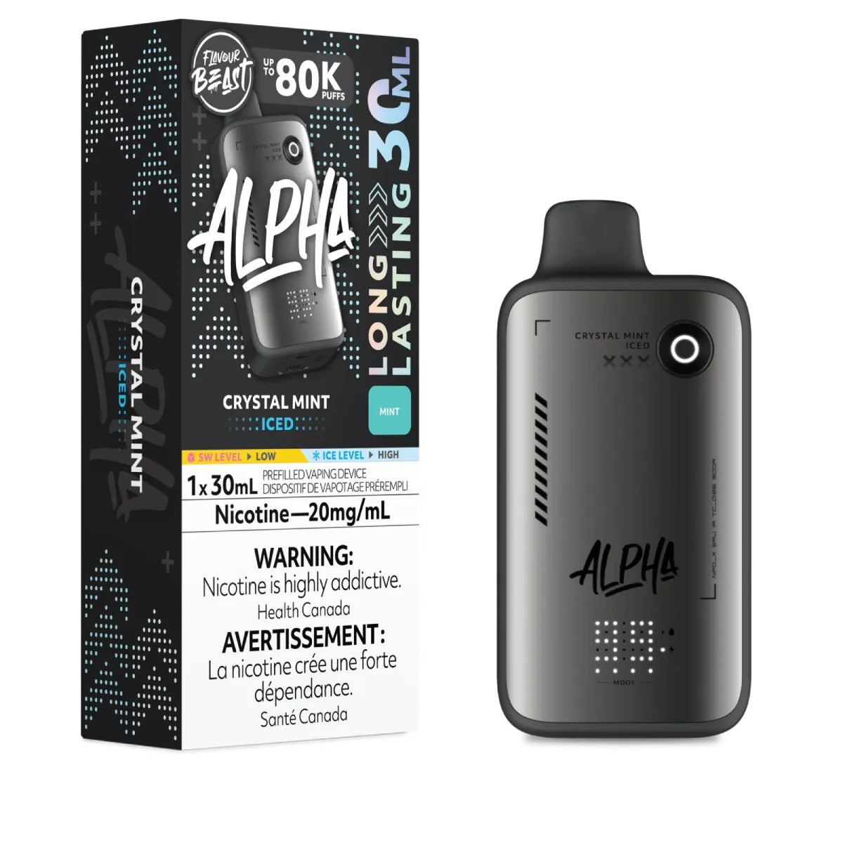 Alpha Crystal Mint vape device with packaging on a white background