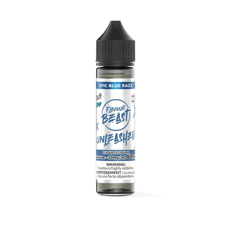 A bottle of Flavour Beast Unleashed e-liquid in the 'Epic Blue Razz' flavor, featuring a white and blue label with a black cap, set against a plain white background.