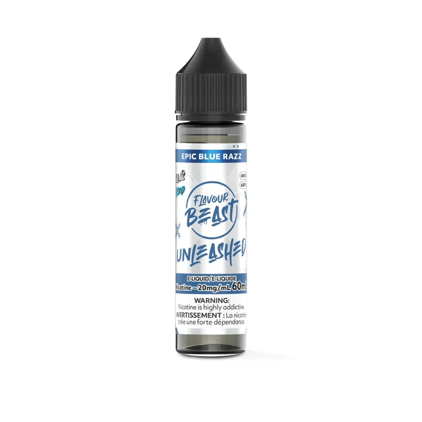 A bottle of Flavour Beast Unleashed e-liquid in the 'Epic Blue Razz' flavor, featuring a white and blue label with a black cap, set against a plain white background.