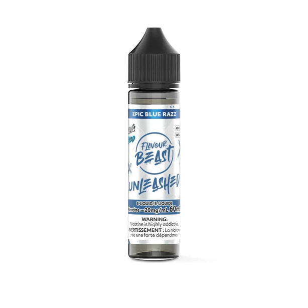 A bottle of Flavour Beast Unleashed e-liquid in the 'Epic Blue Razz' flavor, featuring a white and blue label with a black cap, set against a plain white background.