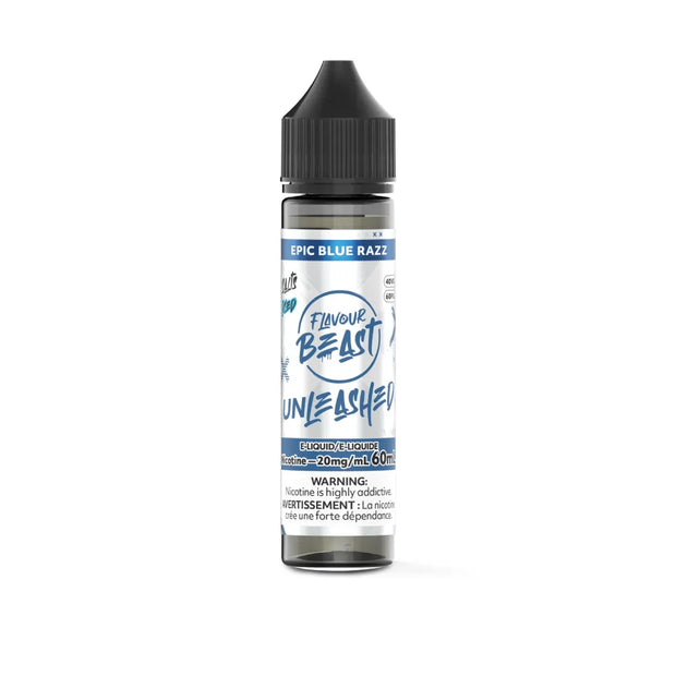 A bottle of Flavour Beast Unleashed e-liquid in the 'Epic Blue Razz' flavor, featuring a white and blue label with a black cap, set against a plain white background.