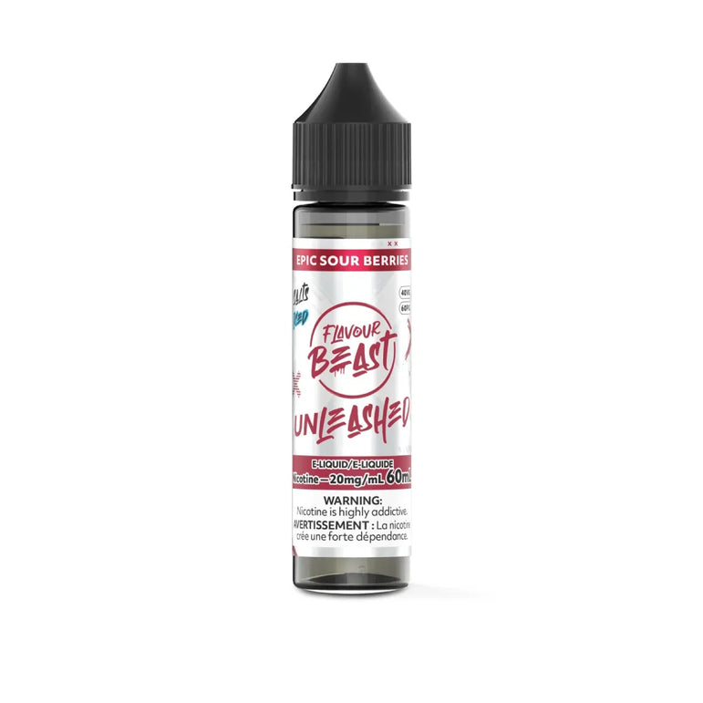 Flavour Beast Unleashed Epic Sour Berries vape juice bottle with label on a white background