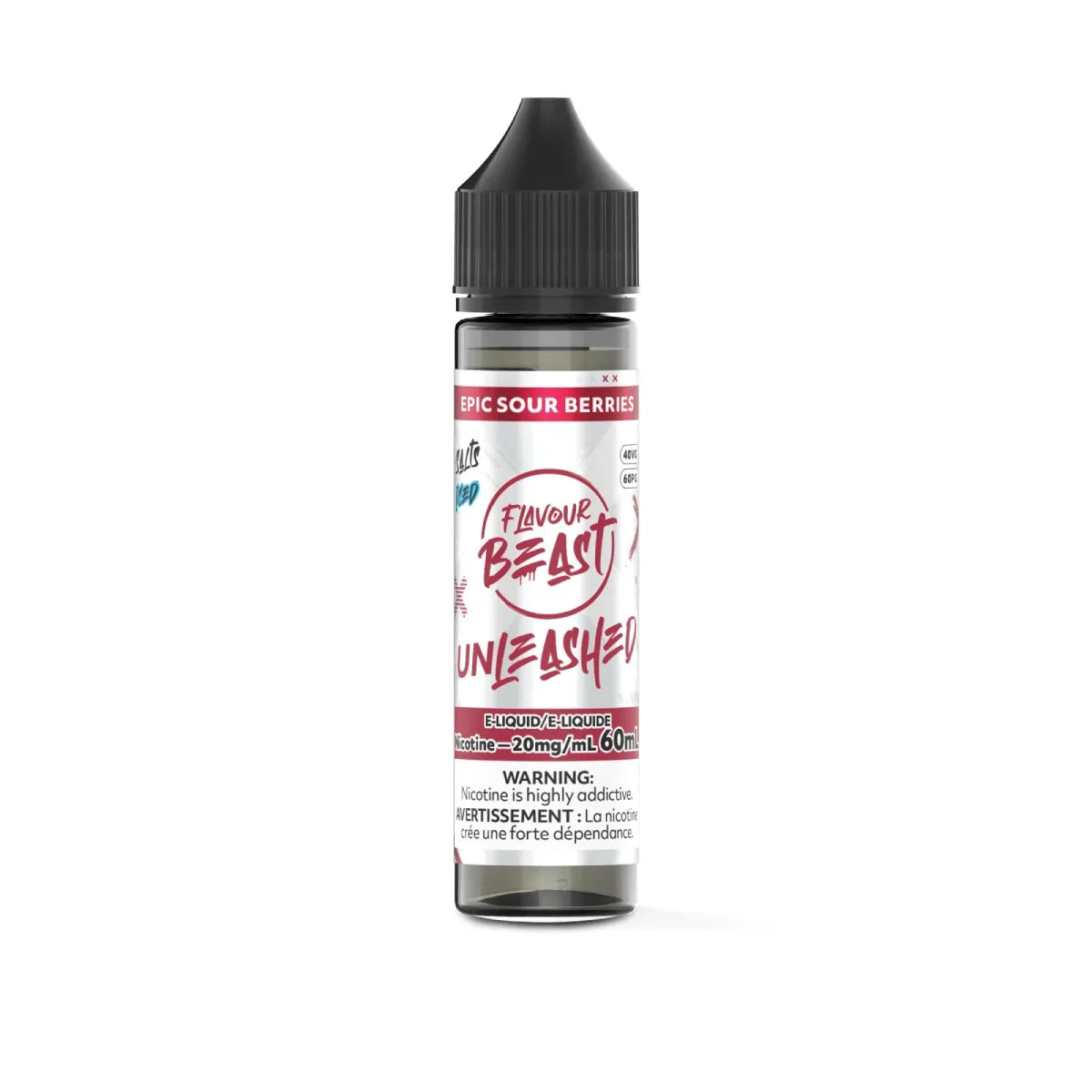 Flavour Beast Unleashed Epic Sour Berries vape juice bottle with label on a white background