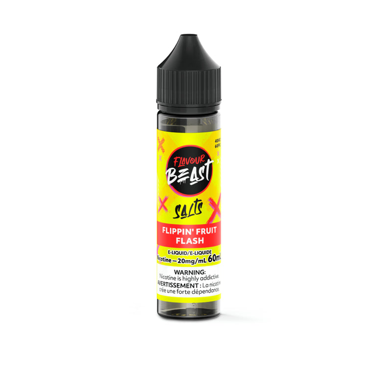 Flavour Beast Flippin Fruit Flash vape juice bottle with yellow label on a white background