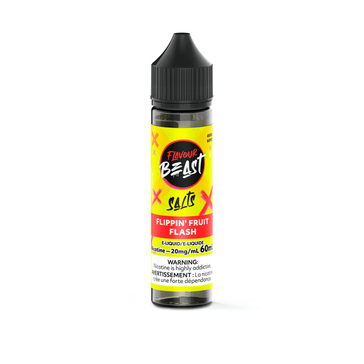 Flavour Beast Flippin Fruit Flash vape juice bottle with yellow label on a white background