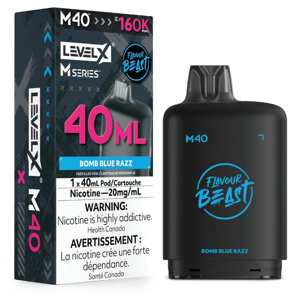 Level X M Series M40 disposable vape pod packaging and the actual black vape pod, featuring the 'Flavour Beast Bomb Blue Razz' flavor. The packaging is black with pink and blue text, and the pod is black with blue and white branding.
