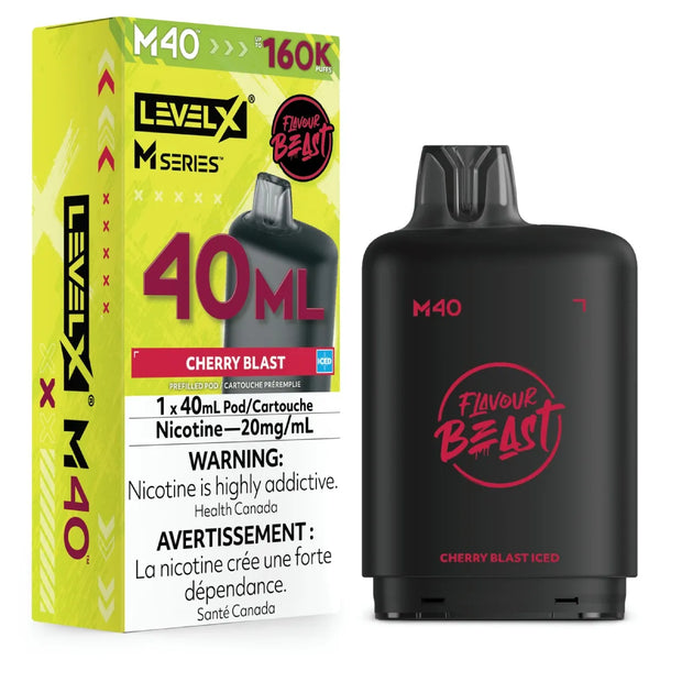 Level X M Series Cherry Blast Iced vape pod packaging box next to a black 40ml disposable vape pod with red branding.