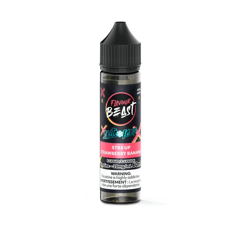 Flavour Beast Strawberry Banana vape juice bottle on a white background