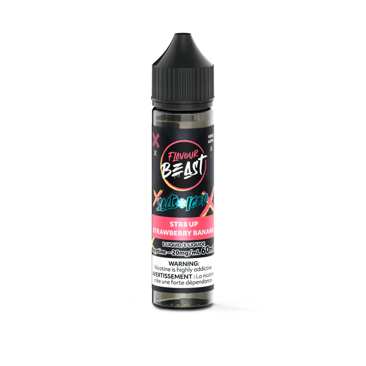Flavour Beast Strawberry Banana vape juice bottle on a white background