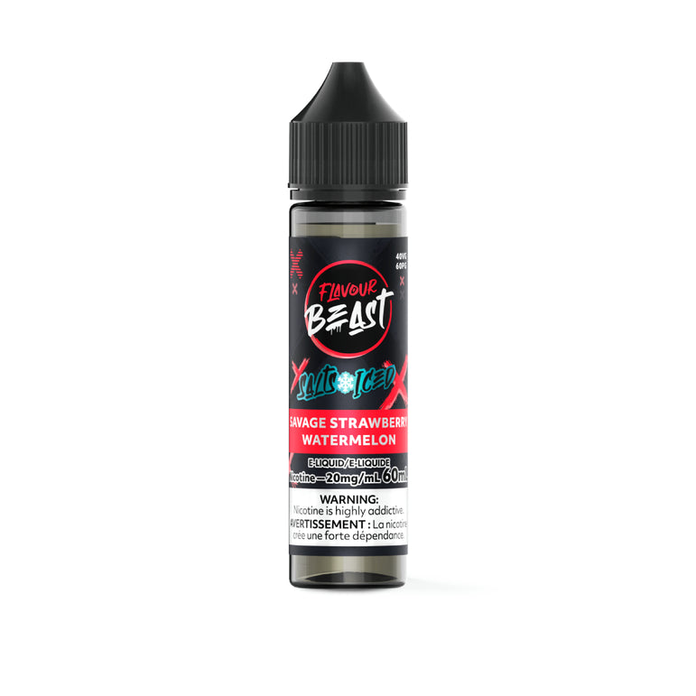 Flavour Beast vape juice bottle with black cap and colorful label on a white background
