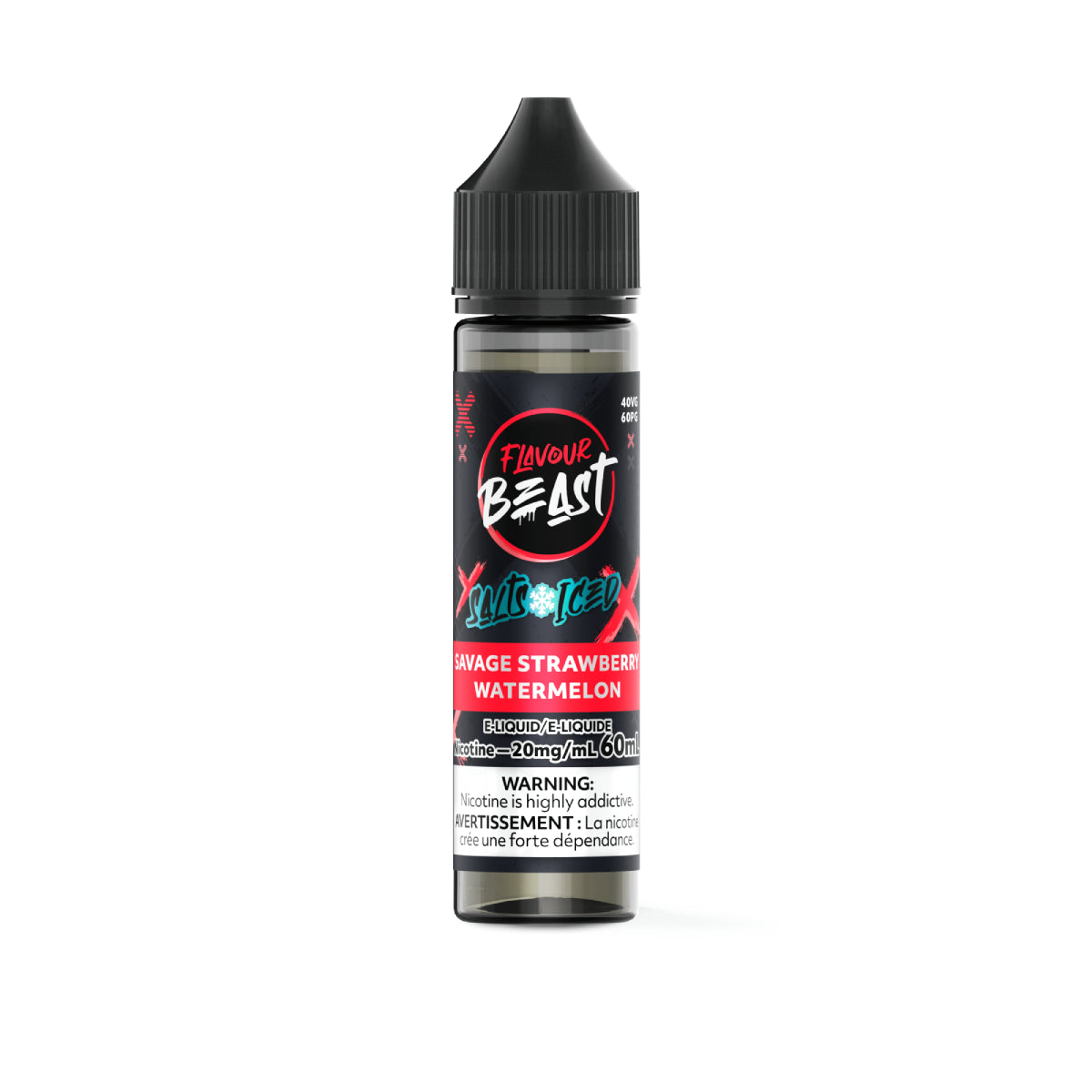 Flavour Beast vape juice bottle with black cap and colorful label on a white background