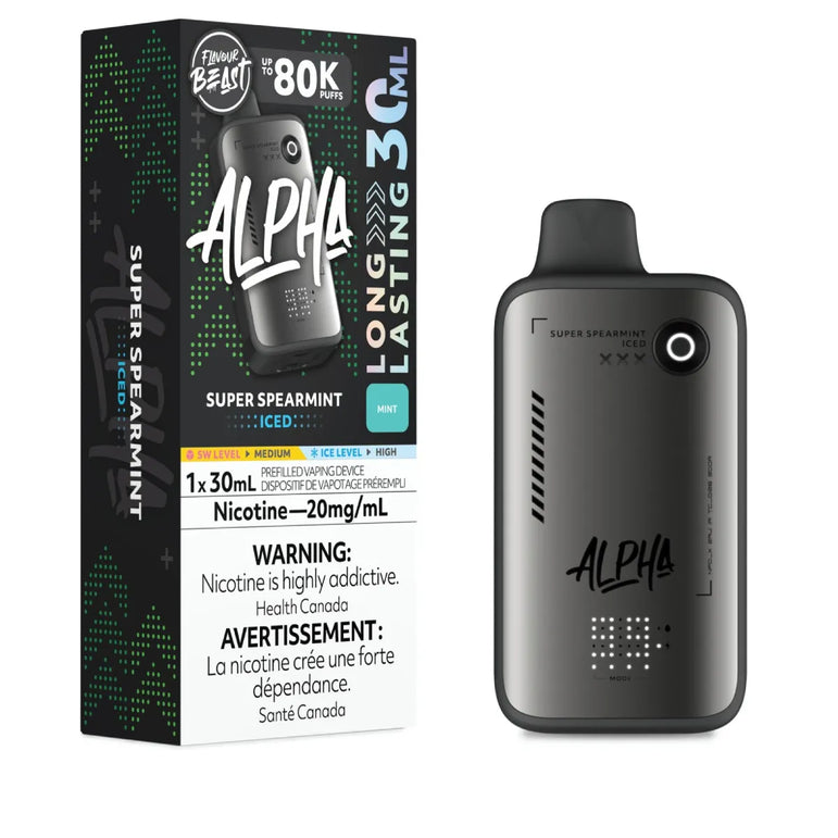 Alpha Super Spearmint Ice vape device and packaging on a white background