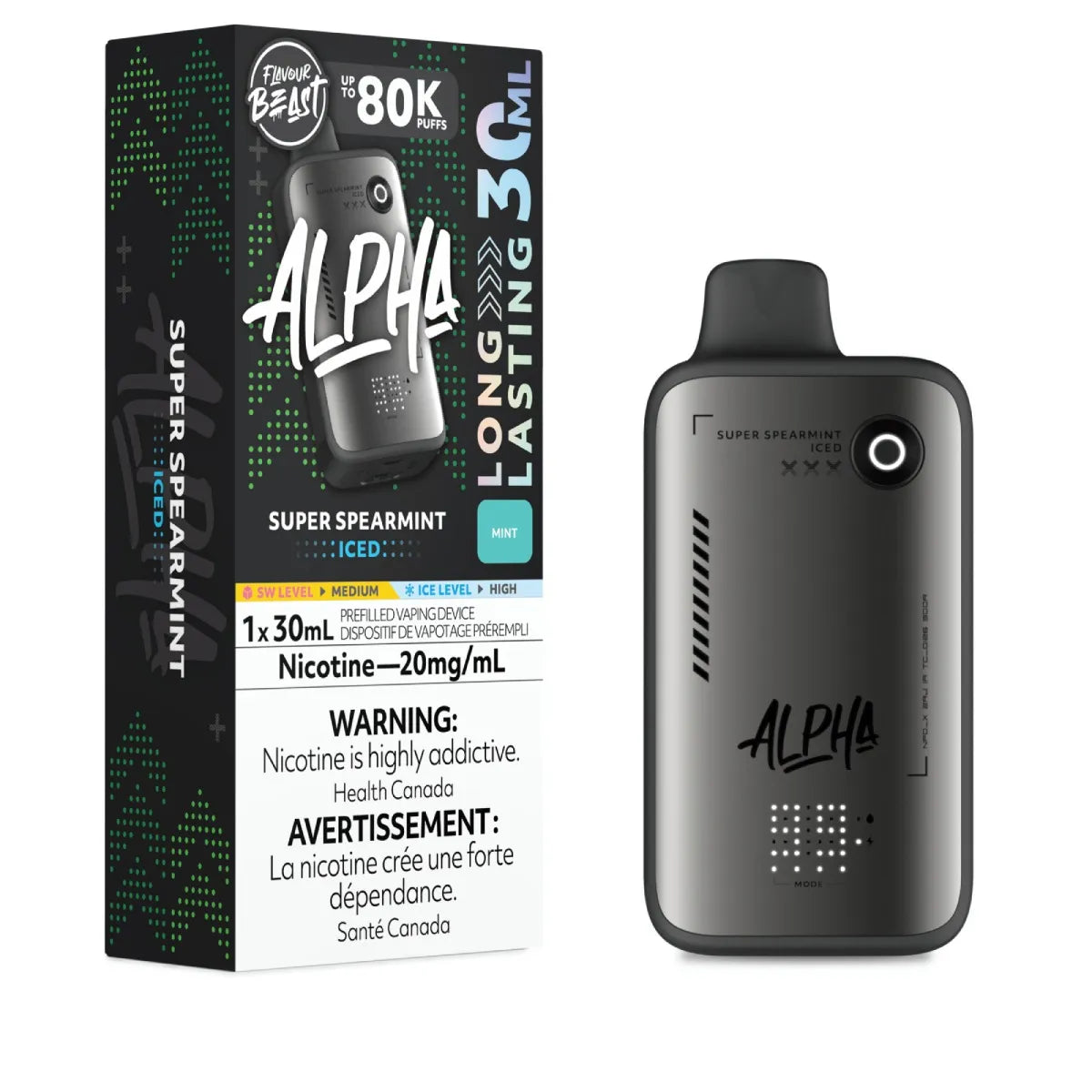 Alpha Super Spearmint Ice vape device and packaging on a white background