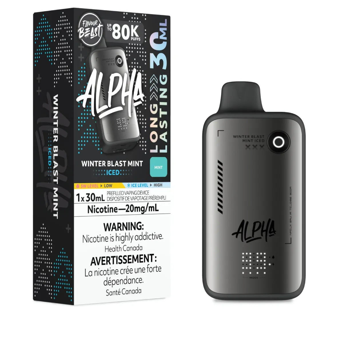 Alpha Winter Blast Iced vape device with packaging on a white background