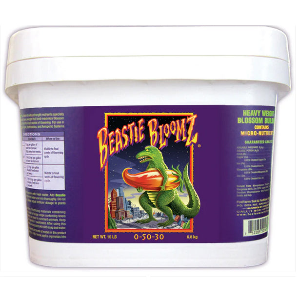 15 pound tub of Foxfarm Beastie Bloomz displayed on a white background.