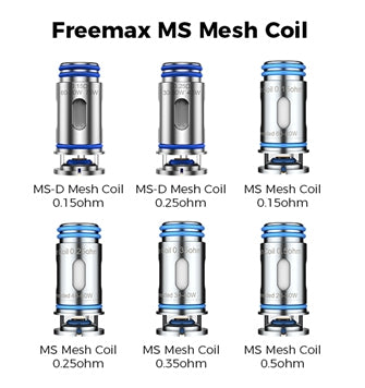 Six Freemax MS Mesh Coil options arranged in a 2x3 grid on a white background, with text labels showing MS-D Mesh Coil, MS Mesh Coil, and MS Mesh Coil with different resistance values (0.150hm, 0.