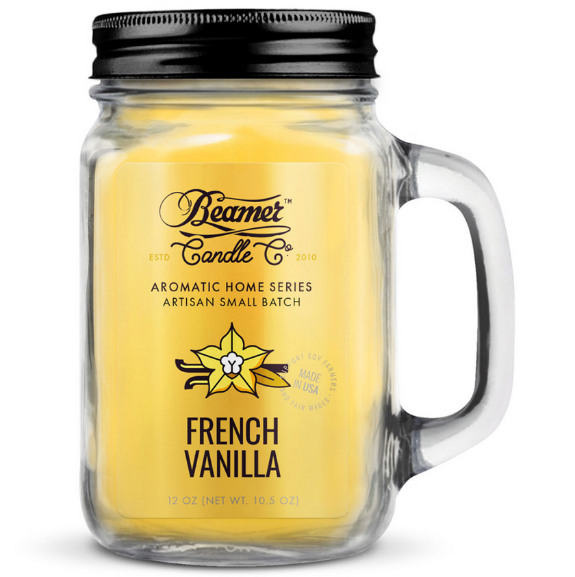 Beamer Candle in a glass jar with a black lid on a white background