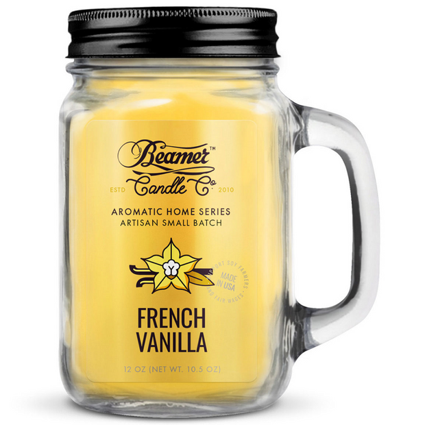 Beamer Candle in a glass jar with a black lid on a white background