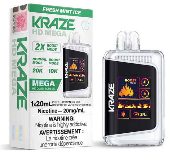Kraze HD Mega disposable vape Fresh Mint Ice flavor on a white background.
