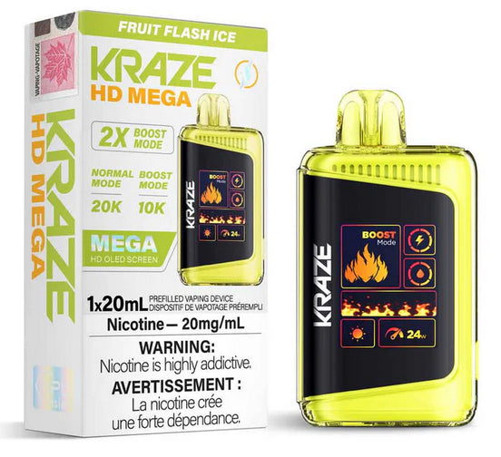 Kraze HD Mega disposable vape Fruit Flash Ice flavor on a white background.