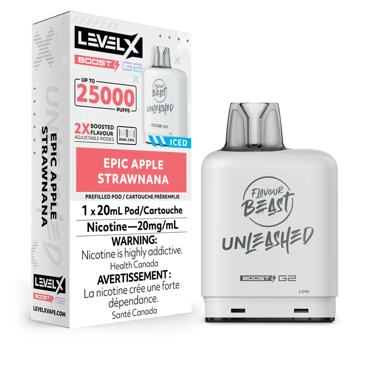 Vape device and packaging with 'Level X' branding on a white background