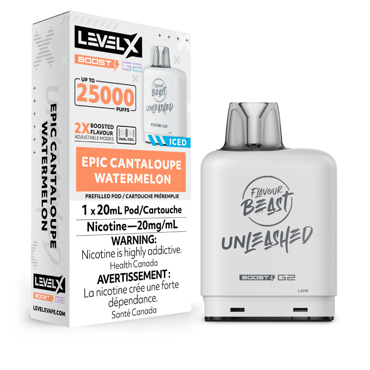 Vape device and packaging with 'Level X' branding on a white background