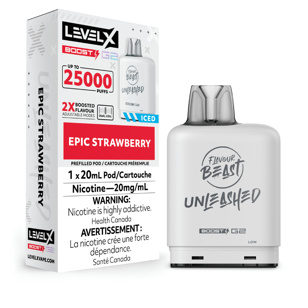 Vape device and packaging with 'Level X' branding on a white background